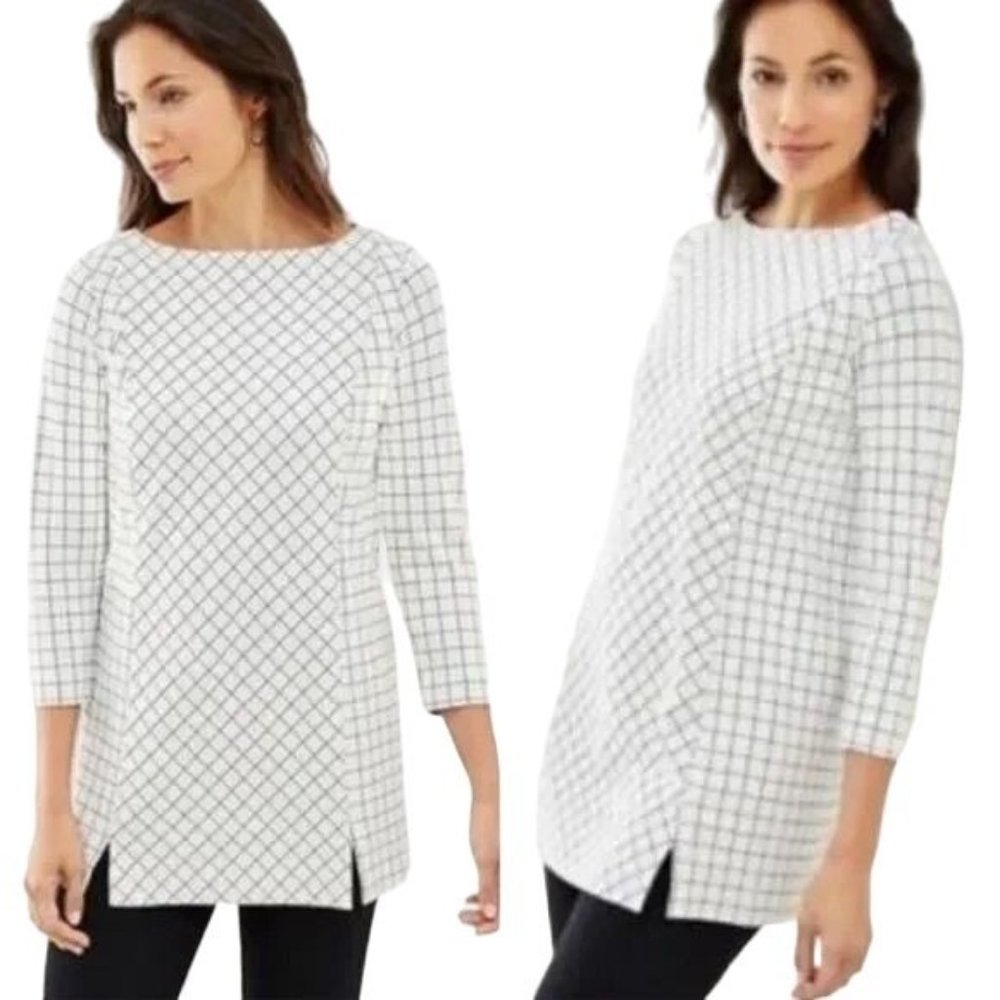 J.JILL Ponte Knit Tunic Top Ivory Black Window Pane 3/4 Sleeves Women's size M